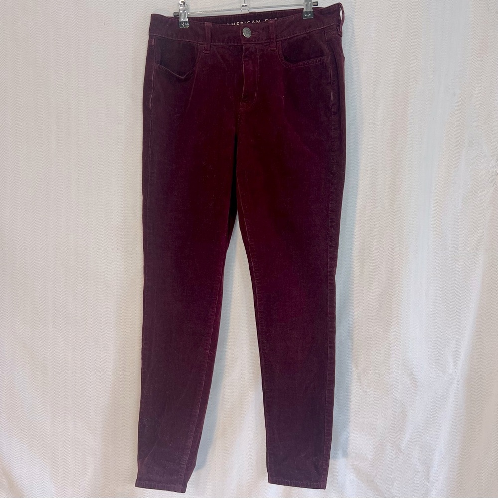 American Eagle Corduroy Burgundy Hi Rise Jeggings Straight Leg Button Fly EUC 8👍